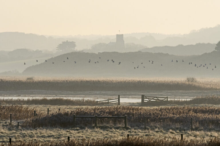 Cley Marshes NWT Reserve with Salthouse church in distance Cley Norfolk winter